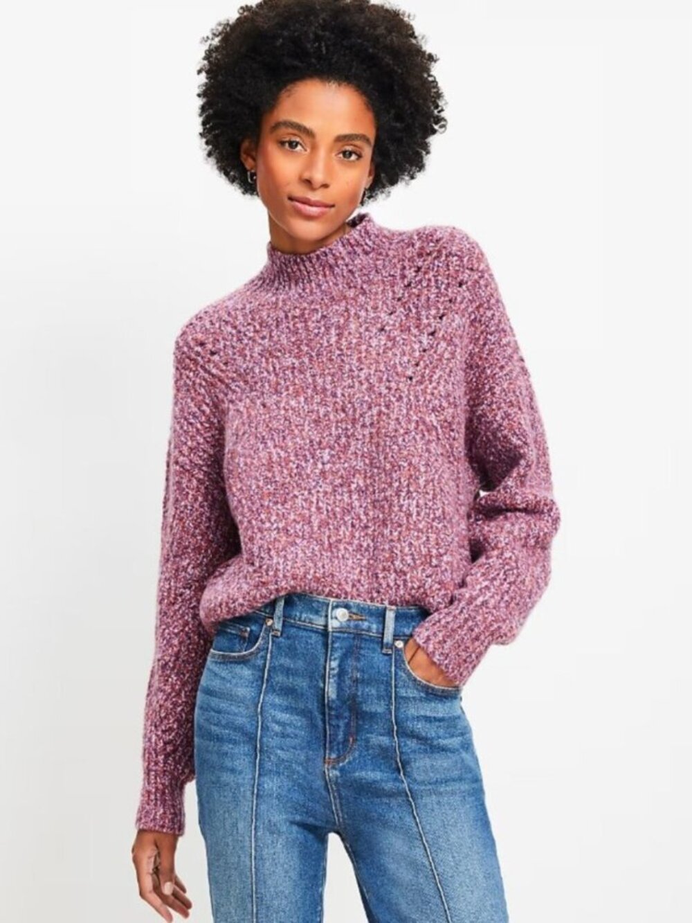 LOFT Pointelle Ribbed Mock Neck Wool Blend Sweater Pink Purple Marled Size M